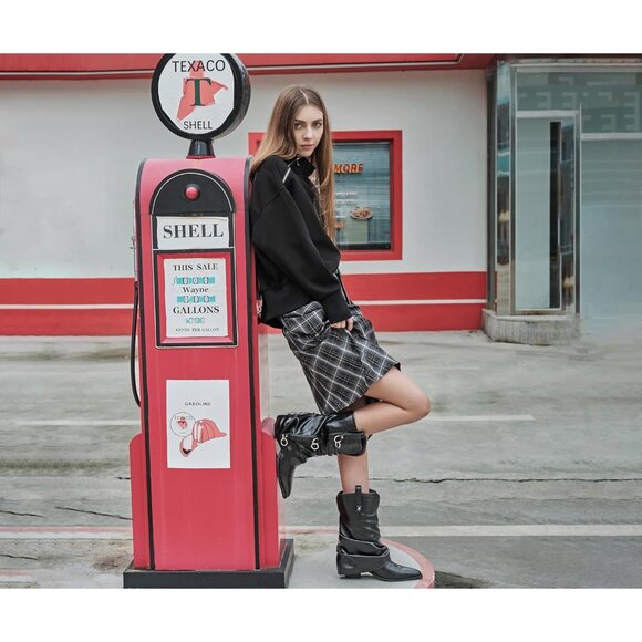 Women Retro Black Rubber Chunky Heels Mid Calf Western Boots Vintage Retro - Picture 4 of 8